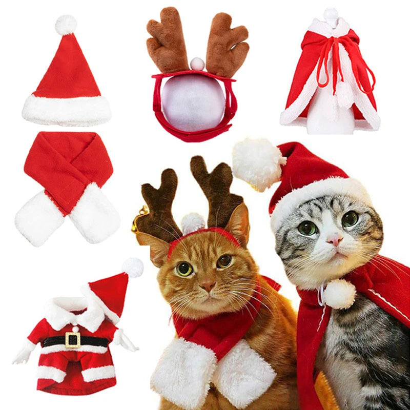 Christmas Cat Costume Suit for Cat Hat Scarf Headwear Cloak Headband Party Cosplay New Year Halloween Pet Accessories Articles