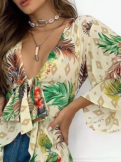Tropical Print Bell Sleeve Blouse Tops Women