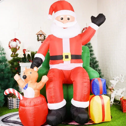 Large Size Chirstmas Inflatable Toys Santa Claus Sitting on Sofa with Bear Gifts Led Lights New Year Party Outdoor Decoration