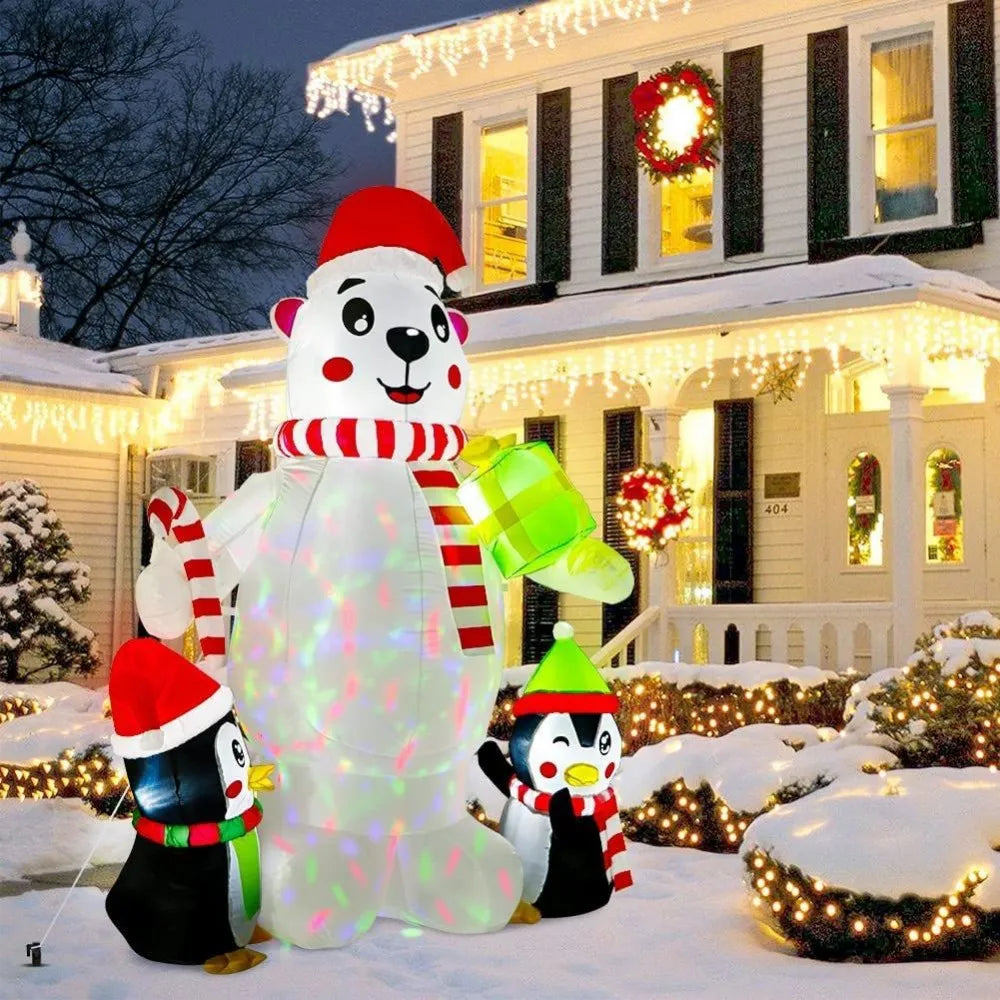Polar Bear with Gift Bags and Penguins - Light Up Your Christmas with LED Rotating Joy!