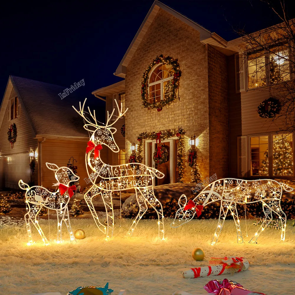 Reindeer Lit-up LED 3 Piece Iron Art - Handmade Christmas Garden Decor
