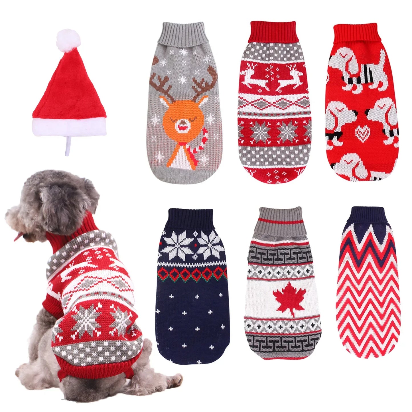 Christmas Reindeer Maple Leaf Snowflake Holiday Pet Clothes Turtleneck Knit Sweater Dogs Cats Winter Pet Warm Clothing