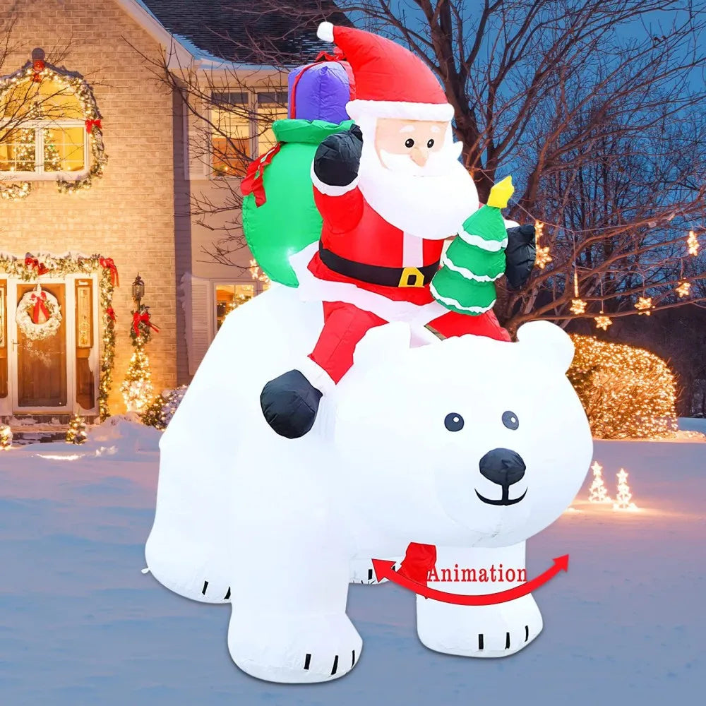 Santa Claus Riding a Moving Polar Bear Outdoor Inflatable Christmas Decor with Rotating LED Lights!