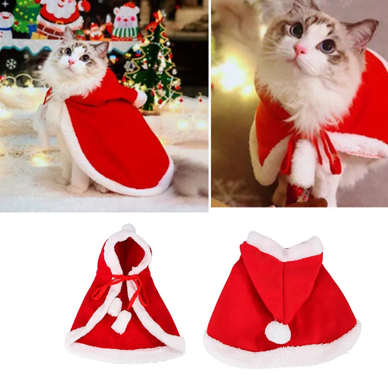 Cat Costume Santa Cosplay Funny Transformed Cat/Dog Pet Christmas Cape Dress Up Clothes Red Scarf Cloak Props Decor