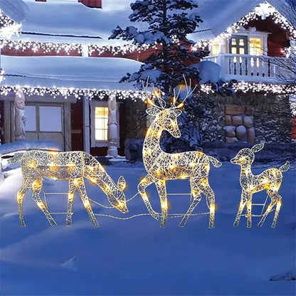 Iron Art Elk Deer Christmas Garden Decoration With LED Light Glowing Glitter Reindeer Xmas Home Outdoor Yard Ornament Decor