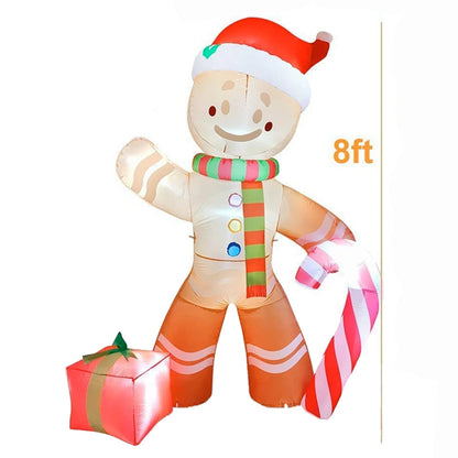 Gigantic Gingerbread Man with Candy Cane - 8 Foot Tall Inflatable Outdoor LED
